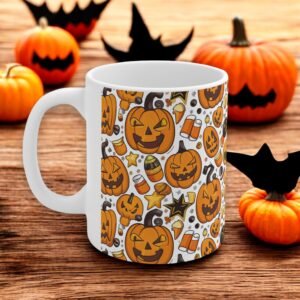 Halloween Mug with Fun Pumpkin Pattern, Spooky Drinkware for October Celebrations, Festive Jack-o-Lantern Coffee Mug